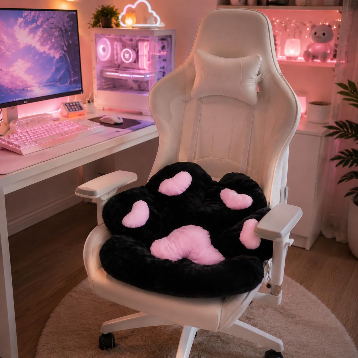Firecos Cat Paw Chair Cushion, Cute Paw Shaped Plush Cushion, Warm Soft Chair Cushion for Dining Room Bedroom Office 70 x 60 cm (Black)