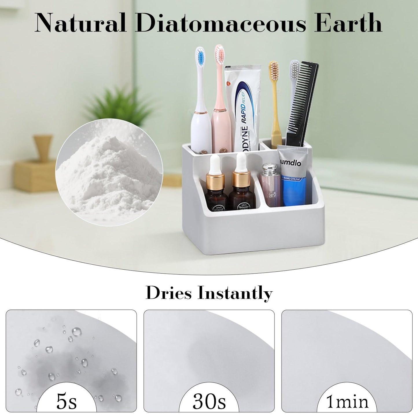 Luxspire Diatomite Toothbrush Holder, 4 Slots, Light Gray