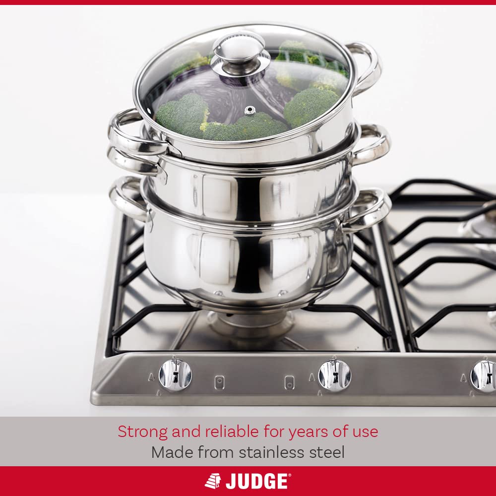 Judge Essentials Stainless Steel 3 Tier Steamer 18cm, Vented Glass Lid, Integral Casserole Pot, Oven Safe, Induction Ready, 25 Year Guarantee