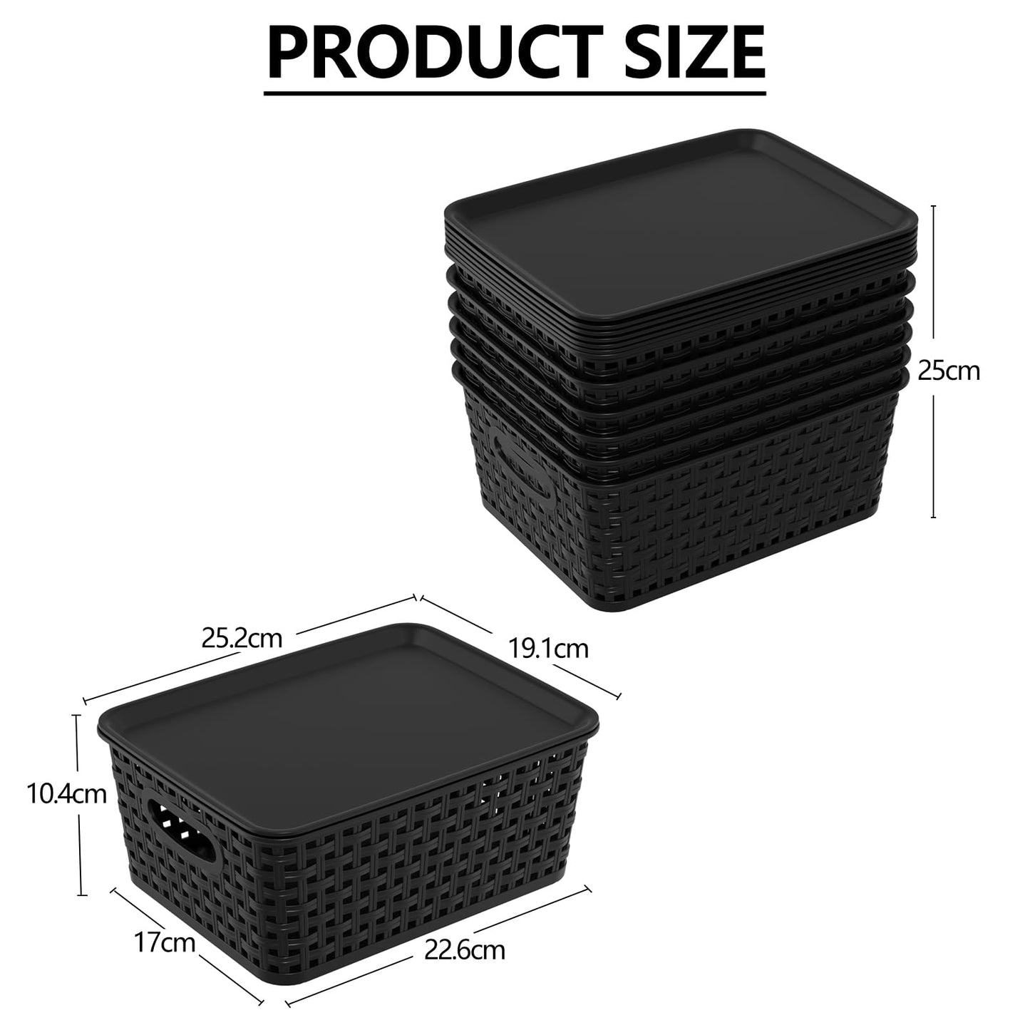 Wakikini Woven Plastic Storage Baskets with Lids, Small Weave Bins, Black