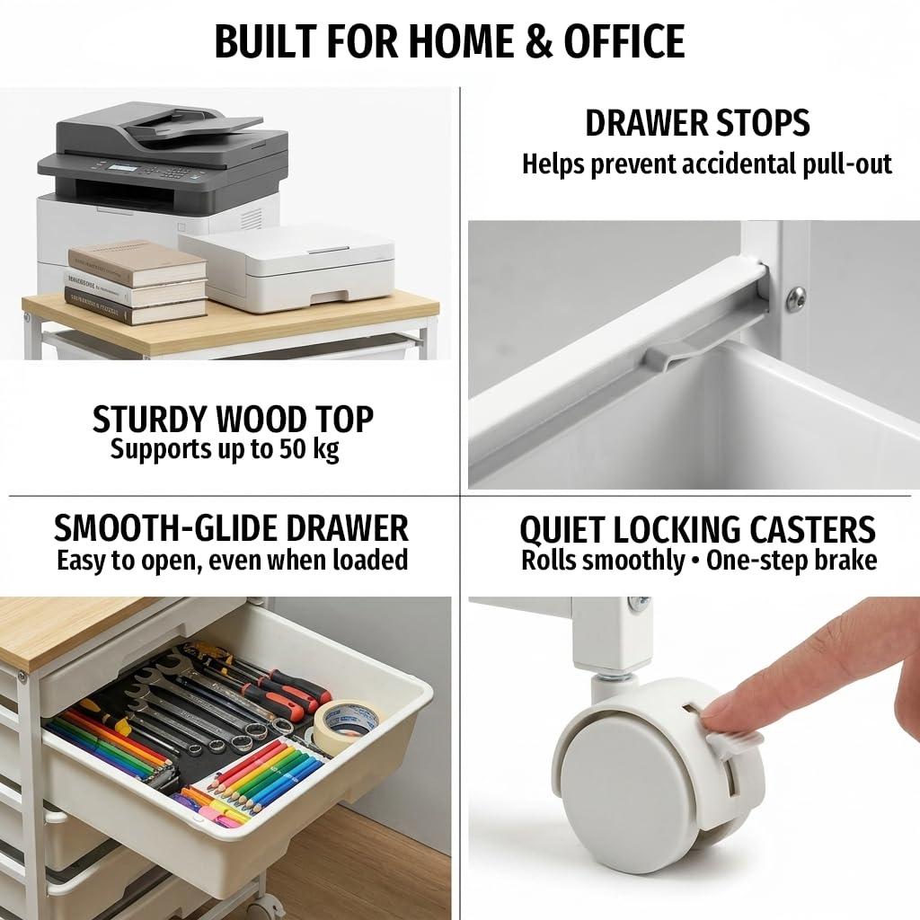 8 Drawer Rolling Storage Trolley with Wooden Worktop, Plastic Drawer Organiser Cart on Wheels with Lockable Silent Castors & Anti-Fall Latch