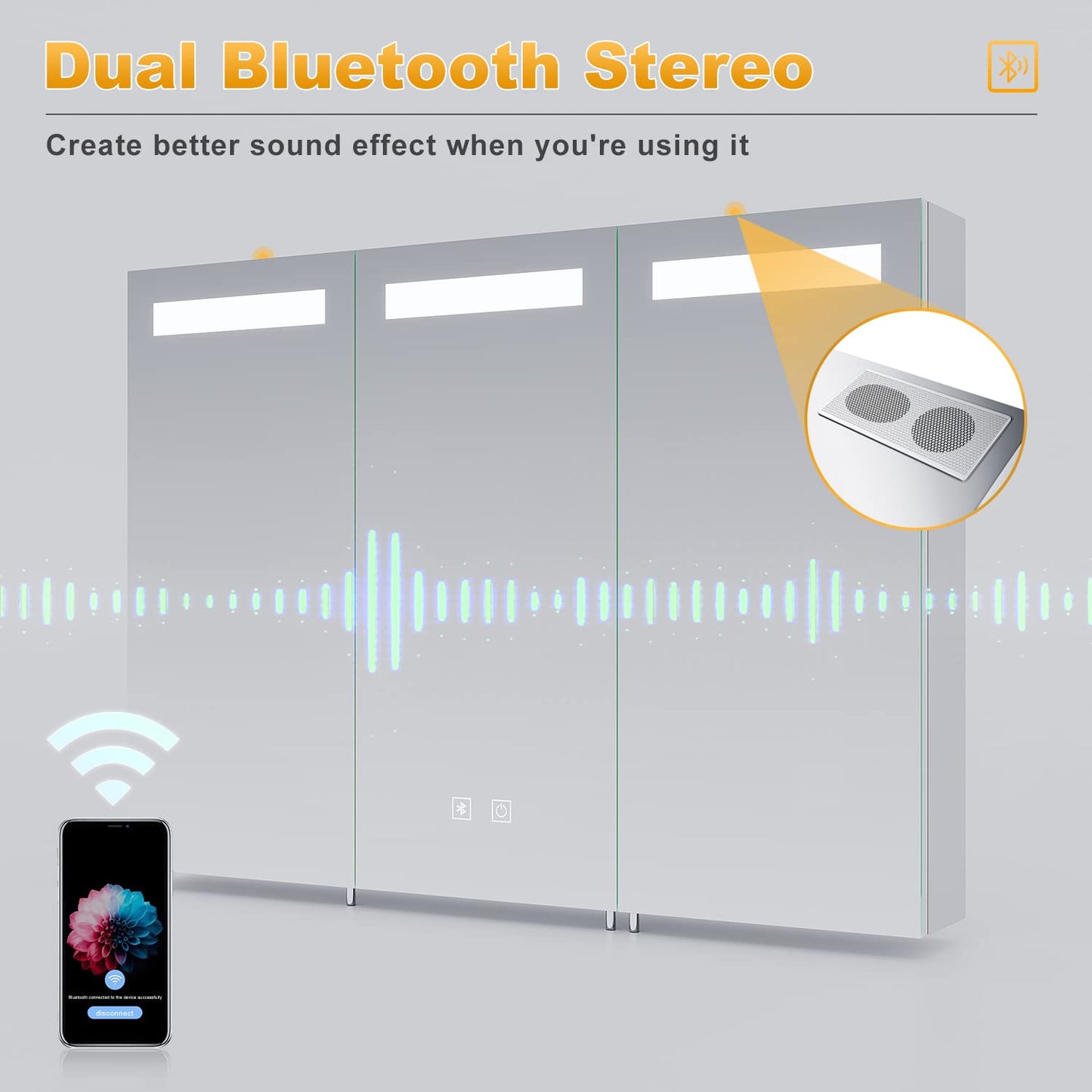 ELEGANT Large Bathroom Cabinets Wall Mounted with Bluetooth and Shaver Socket Stainless Steel Illuminated Bathroom Wall Cabinets Dimmer