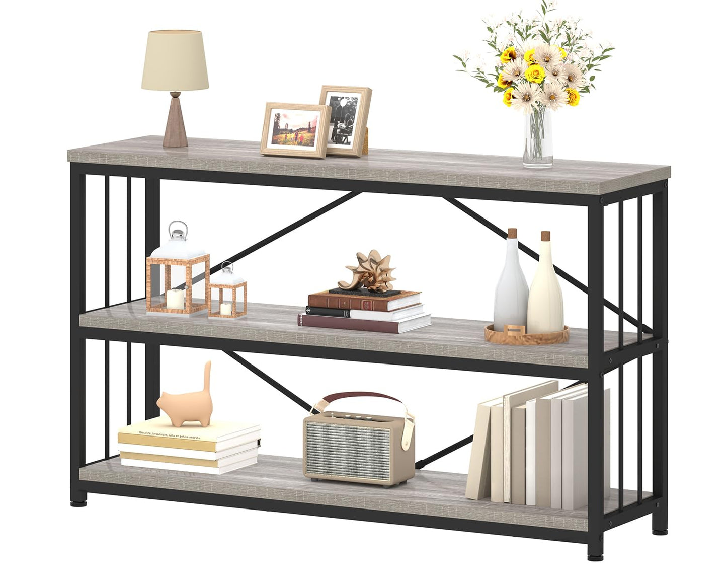 IBF 47" Gray 3 Tier Low Bookcase,Industrial Modern Short Horizontal Etagere Bookshelf