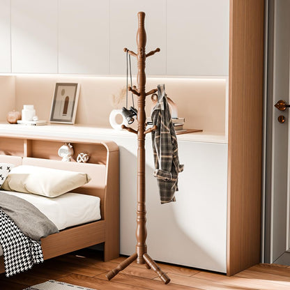 Multibao Sturdy Wooden Coat Rack Stand Vintage Posh Solid Wood 185cm with 9 Hooks Heavy Duty Free standing Hall Coat Hat Clothes Tree Stands for