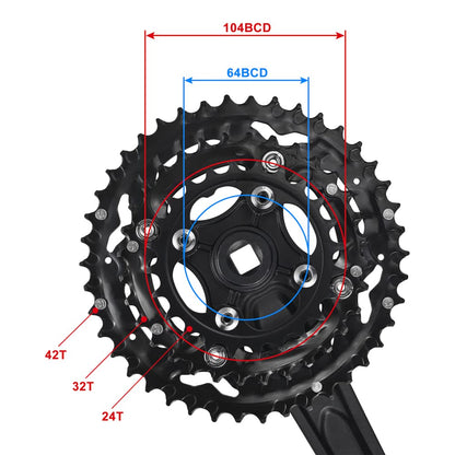 CYSKY Bike Crankset 3x 10 Speed 42-32-24T 170mm 104/64 BCD Crank Arm Set Easy to Replacement MTB BMX Road Bicycle Crankset Compatible with