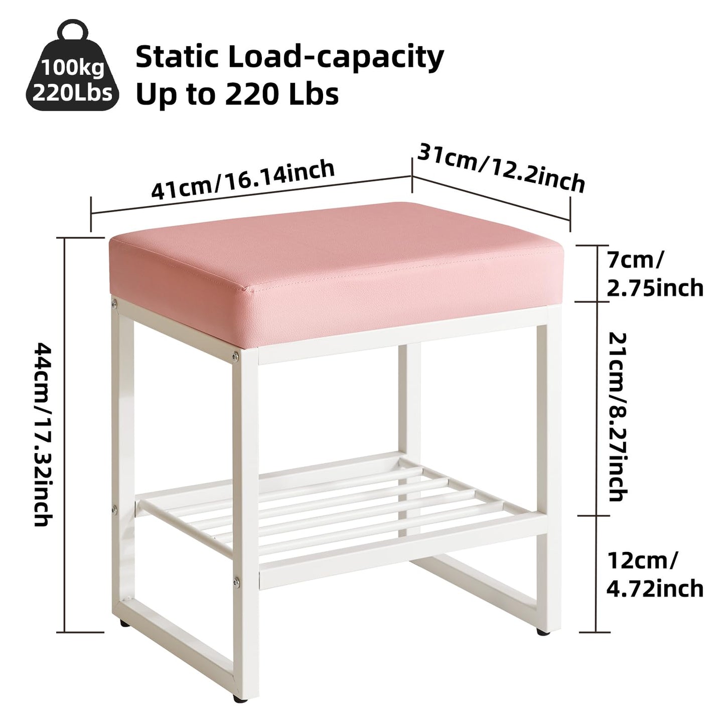 Aibiju Pink Dressing Table Chair, Footrest Stool with Adjustable Feet, PU Seat Vanity Stool