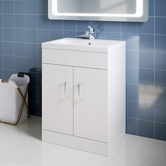 ELEGANT Premium Vanity Sink Unit with Vitreous Basin, Floor Standing Vantiy Cabinet with Sink, White Matte Painted Bathroom Vanity Storage with 2