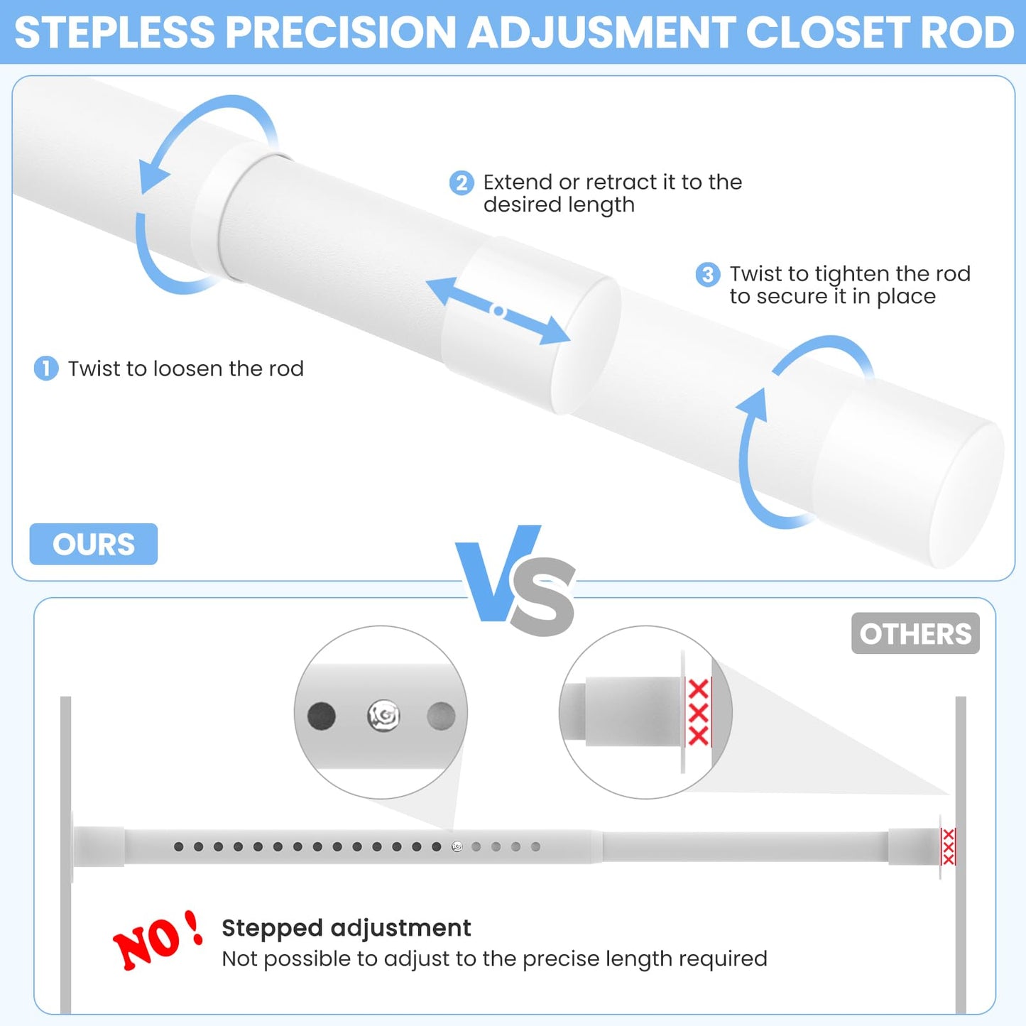 Ruiony Wardrobe Rail, 43 to 135 CM Heavy-Duty Stepless Adjustable Wardrobe Hanging Rail, 3.3 CM Diameter Metal Wardrobe Pole for Wardrobes