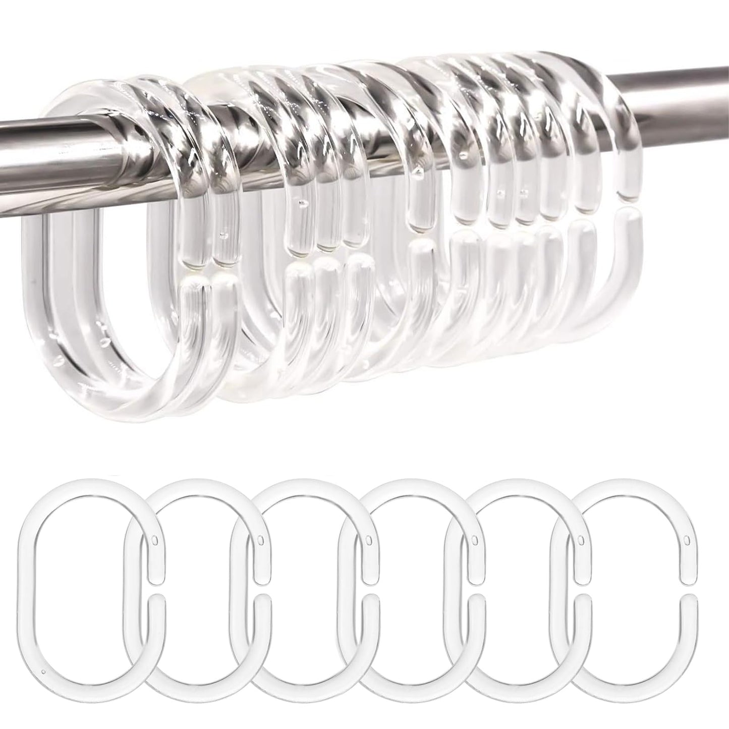 Plastic Shower Curtain Rings - 24 Pack No Rust Bathroom Hooks with Silent Glide C-Shape Design, Rust Resistant Shower curtain hooks for Bathroom