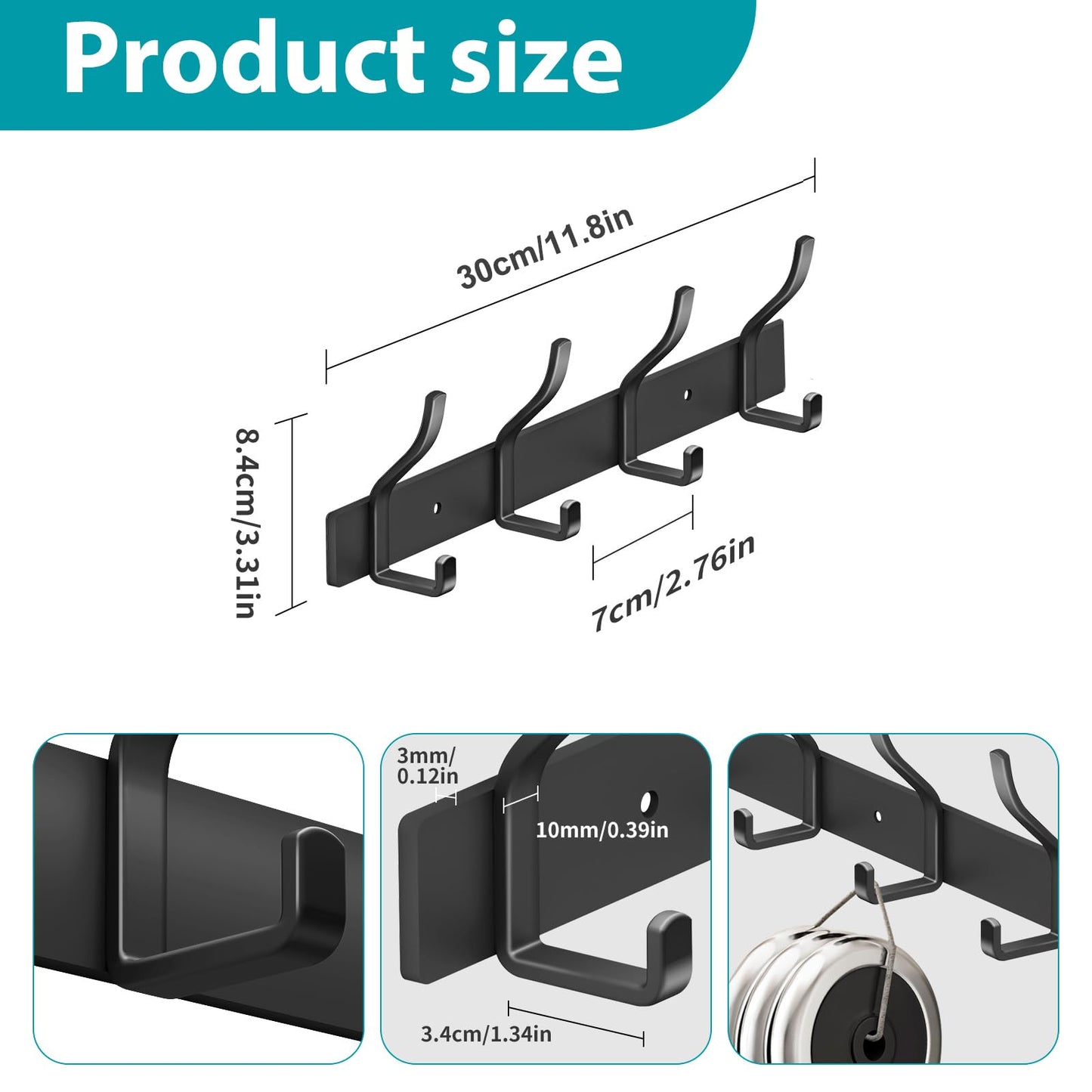 MEIJO Coat Hooks Wall Mounted Stainless Steel, Black Coat Rack Wall Mounted with 4 Hooks Heavy Duty Coat Hooks for Door, Bathroom, Bedroom, Kitchen