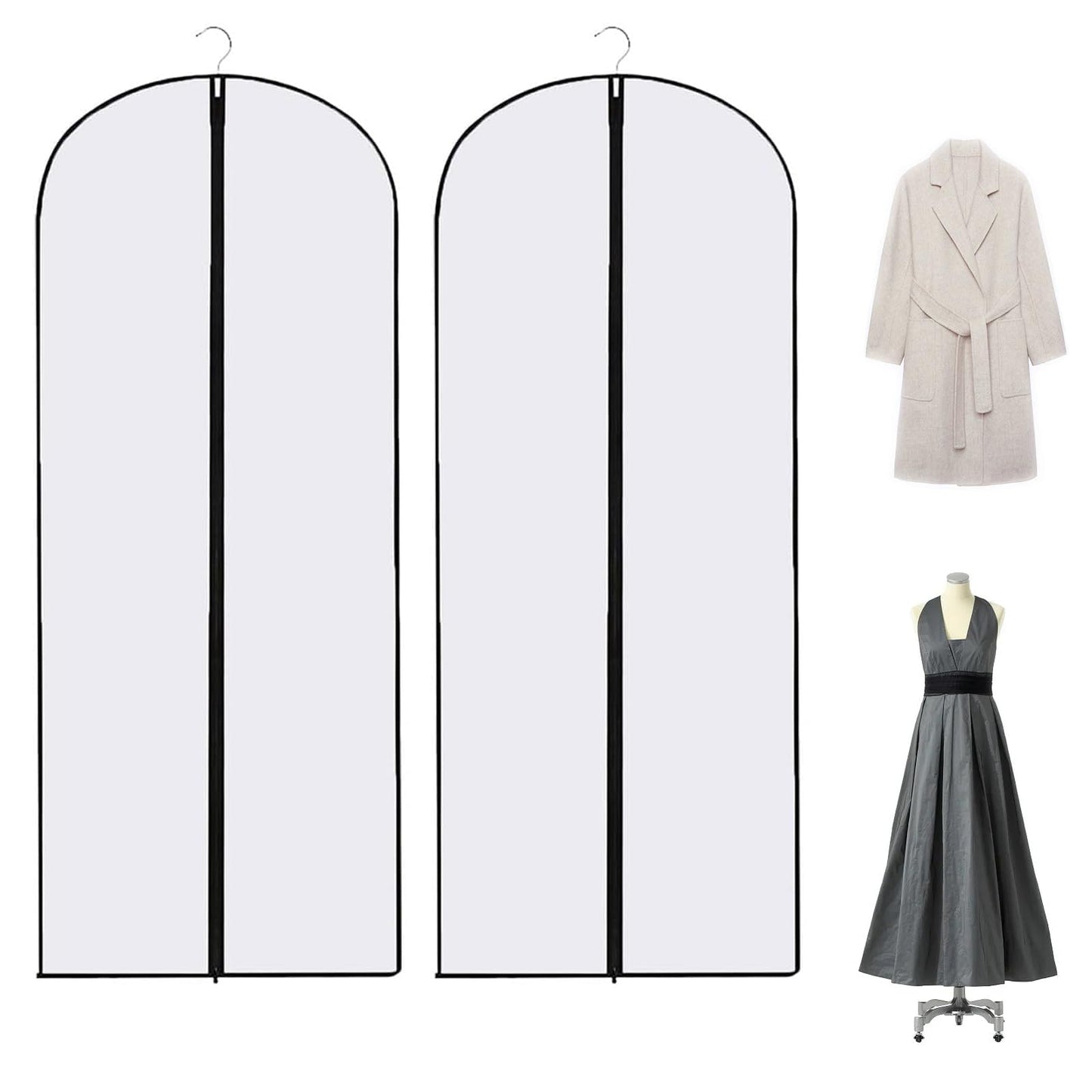 2PCS Dress Bags Covers Long Garment Covers Bag Dress Bag Long Dress Bags Covers Translucent with Zip Waterproof Dustproof Dress Covers Garment Bags