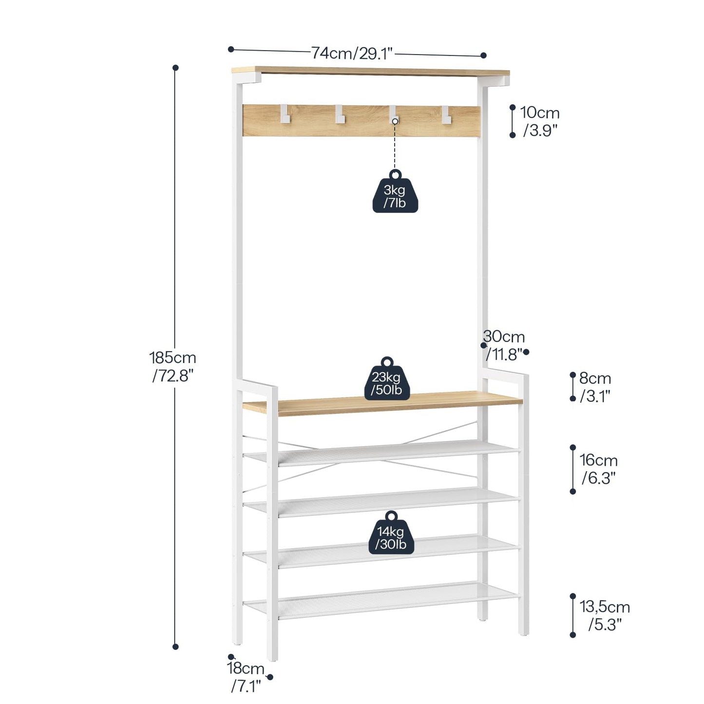 HOOBRO Coat Stand, Coat Rack with Shoe Storage, Industrial Hall Tree, Large Hall Stand, 5 Removable Hooks, Wood Accent Top Shelf