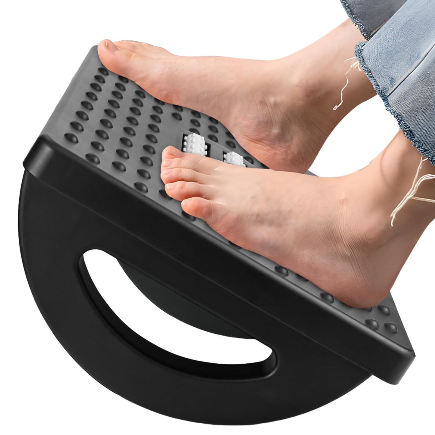 Under Desk Footrest, Swinging Footboard, Ergonomic Round Plastic Ottoman with Roller Massager to Improve Posture and Relieve Leg, Knee and Back Pain