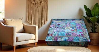 CRAFT KALA Indian Square Patchwork Traditional Pouf Cover Indian Living Room Poufs Decorative Embroidered Designer Ottoman Home Living Footstool