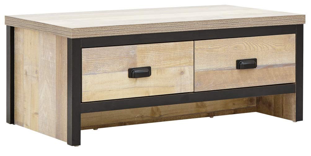 GFW Boston Coffee Table with 2 Drawers, Industrial Living Room Table with Oak Effect Finish, Contrasting Frame and 30mm Top Panel