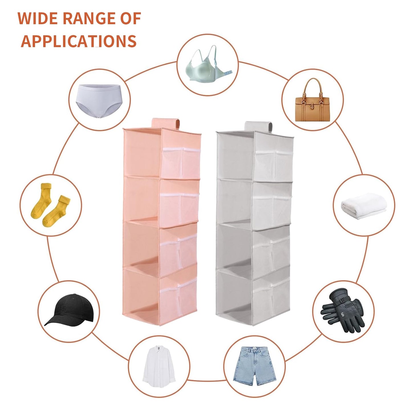 DQZSY Pack of 2 Hanging Shelves Wardrobe, 4 Compartments Hanging Organiser Cupboard, with 12 Mesh Side Pockets for Family Cupboard, Bedroom