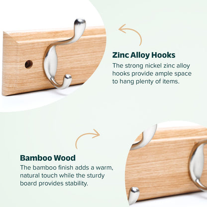 Flatro Coat Hooks Wall-Mounted Fixings Included MDF with a Bamboo Finish Coat Rack with 4 Zinc Alloy Hooks to Hang Hats, Jackets, Bags, Keys