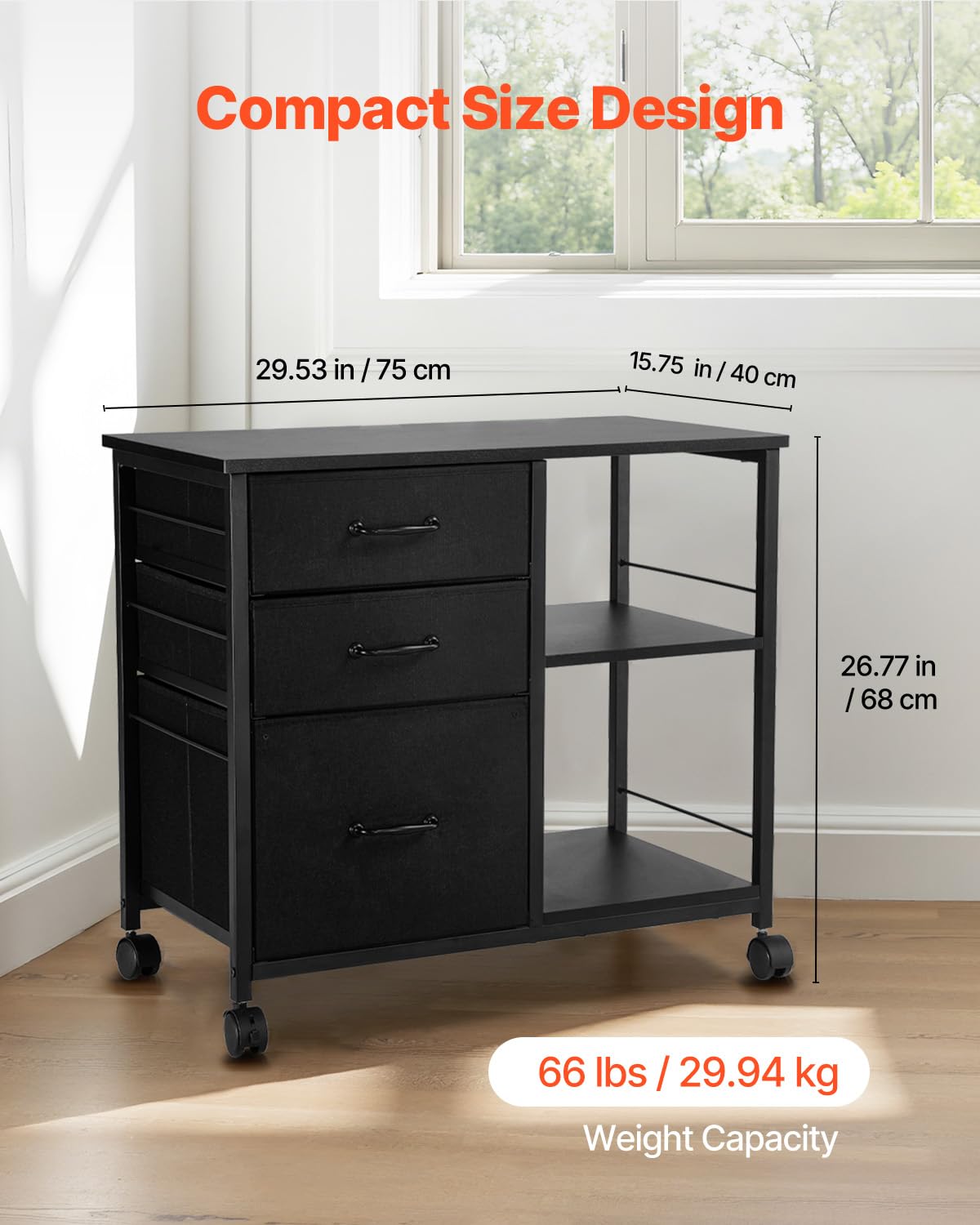 VEVOR Metal File Cabinet, Mobile Filing Cabinet with 3 Fabric Drawers and 2 Open Shelves