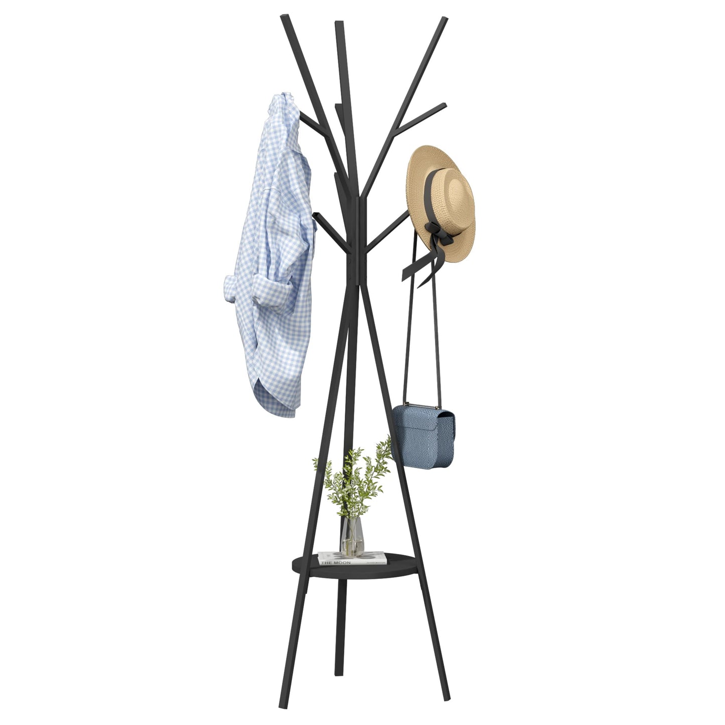 HOME BI Coat Rack Stand, Entryway Standing Coat Tree,Hat Stand Coat Hanger with 9 Hooks for Holding Jacket, Handbag, Clothes, Hats, and Scarves, Black