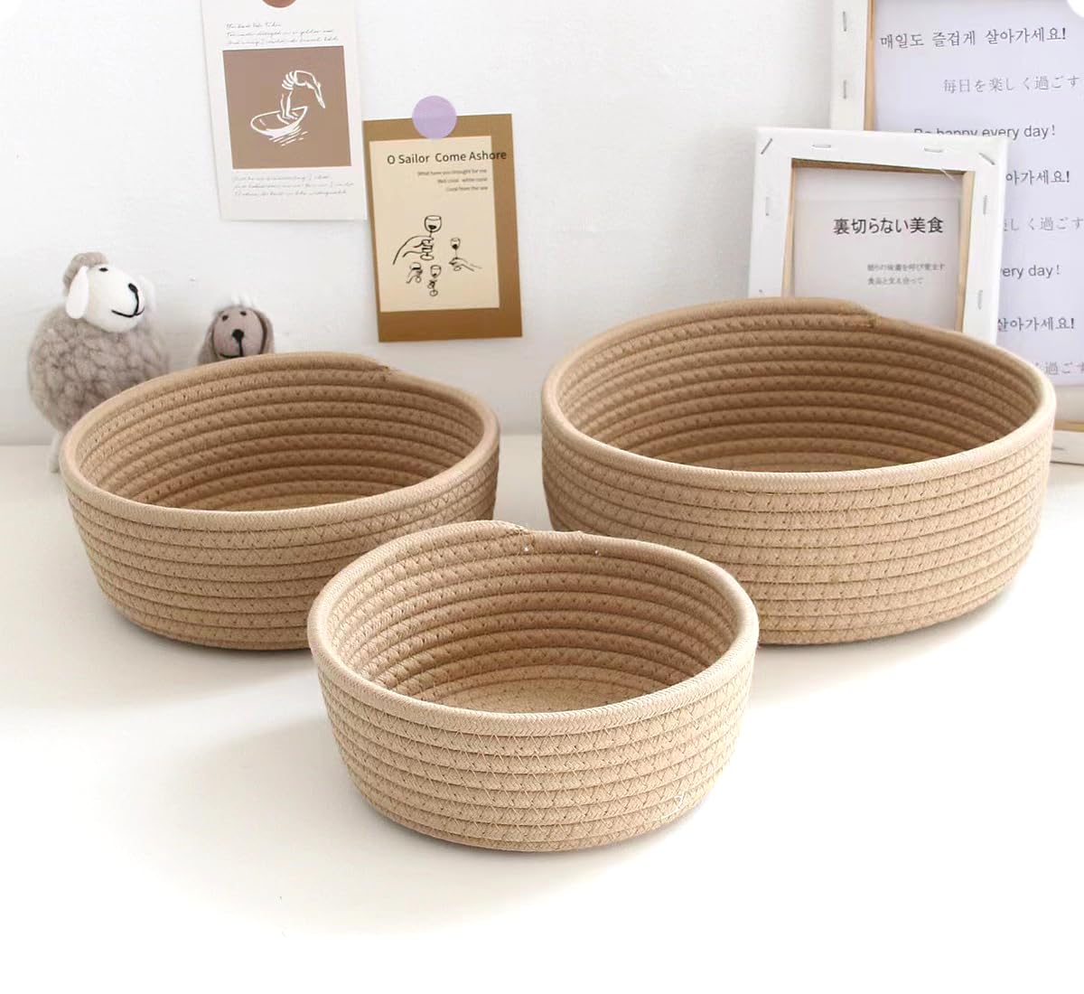 Lydlrum Storage Baskets, Brown Cotton Rope Woven Bathroom Storage Basket Set of 3, Round Small Basket Box Organizer Bins