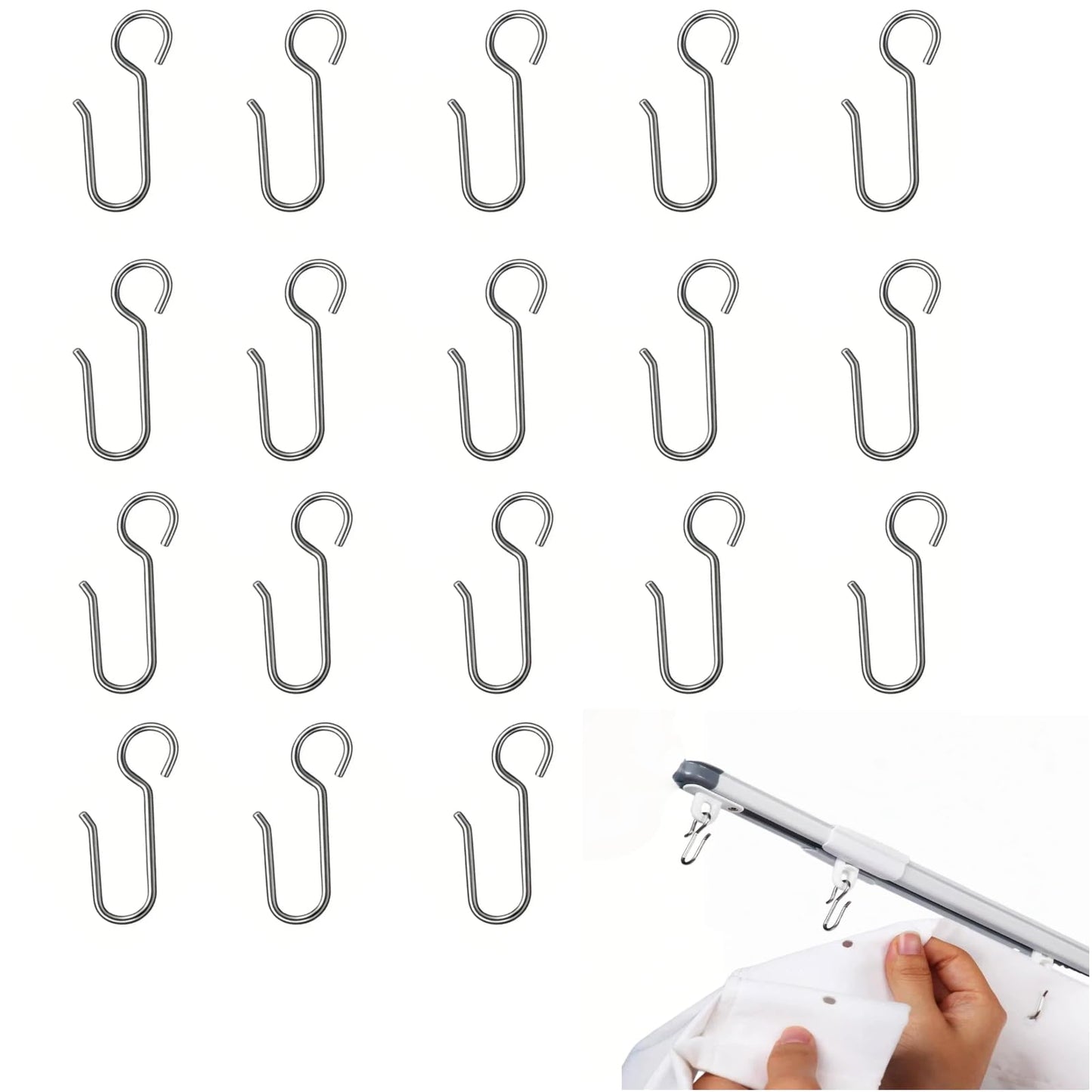 Shower Curtain Hooks, Rust-Resistant for Bathroom Rails, 20 Pack, Silver