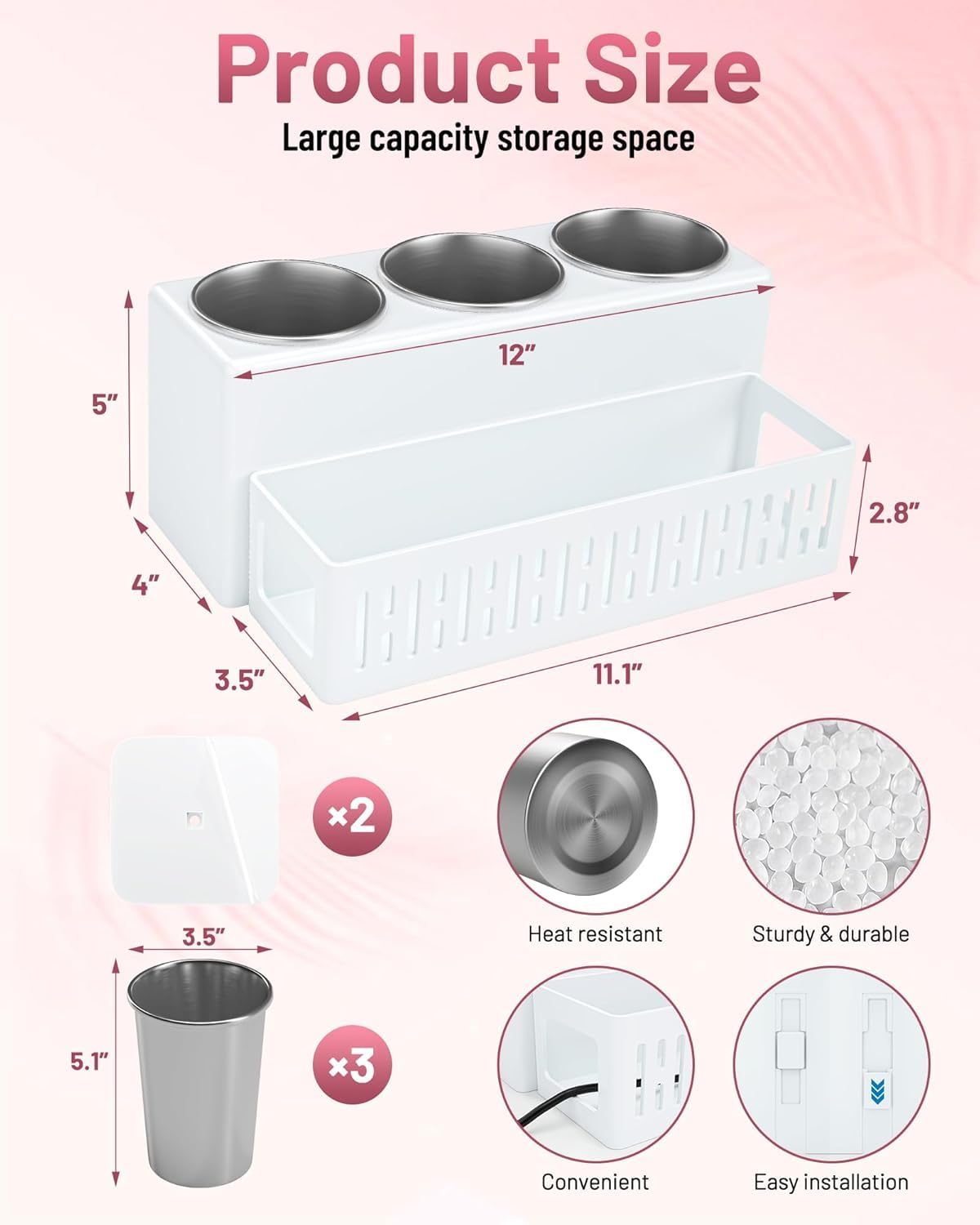 Hair Dryer Holder - Detachable Hair Tool Organiser, 3 Stainless Steel Cups