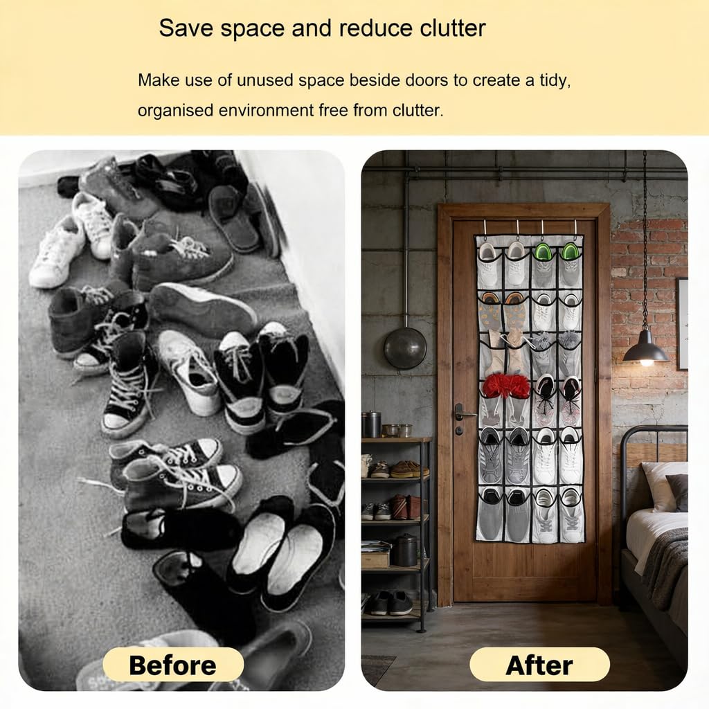 Admygo Over The Door Shoe Organizer, 24 Large Mesh Pockets Hanging Shoe Storage, Over Door Shoe Rack for Closet Bedroom Bathroom (White)