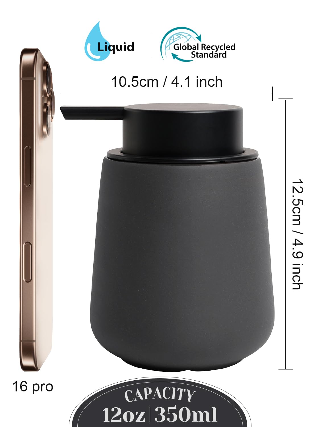 Autumnlife Soap Dispenser Grey Detergent Dispenser, 350 ml Black Porcelain Soap Dispenser with Large Pump Head