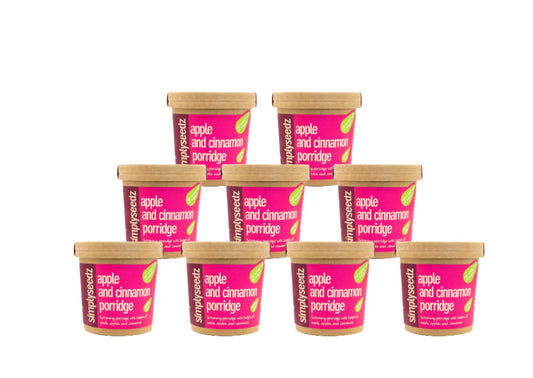 Simplyseedz Apple & Cinnamon Jumbo Oats Porridge Pot. No added sugar, dairy free, Fiber Rich Breakfast with Pumpkin and Sunflower Seeds. Convenient