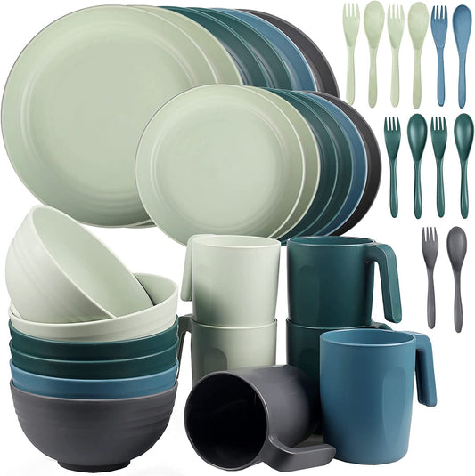 36pcs Unbreakable Dinnerware Sets for 6 People, Camping Plates and Bowls Set, Plastic Picnic Dinner Sets, Lightweight BBQ Serving Plates, Bowls, Cups,