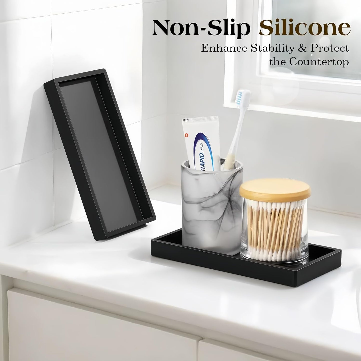 2 Pcs Black Bathroom Vanity Tray Rectangle Silicone Tray
