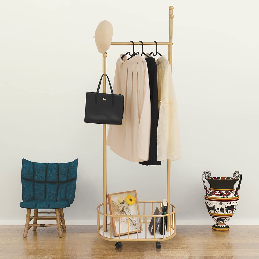 Cre Cra Golden Clothing Rack with Wheels Rolling Clothes Rack with Storage Basket Metal Moveable Coat Rack Stand Modern Garment Rack for Hanging