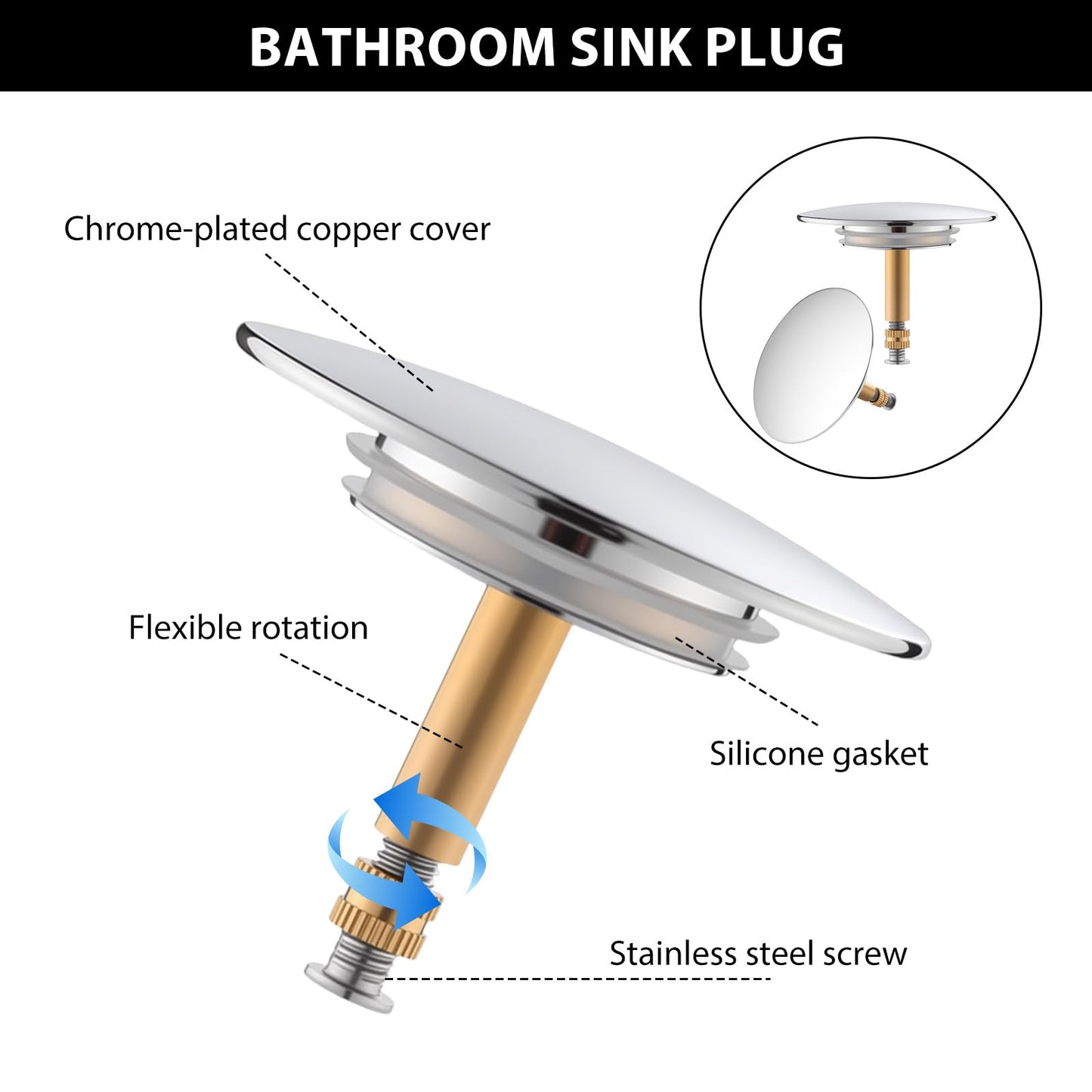 XdealCozyxc 72mm Pop up Bath Plug Replacement with 2 Pcs Sink Plug Rubber Seal, 9mm Pole Silver Adjustable Bath Tub Plug