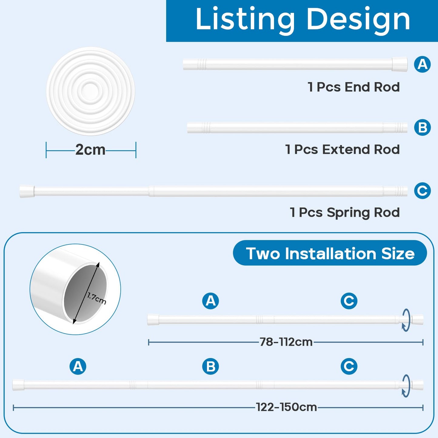 Tension Rod for Curtains 80-150cm White