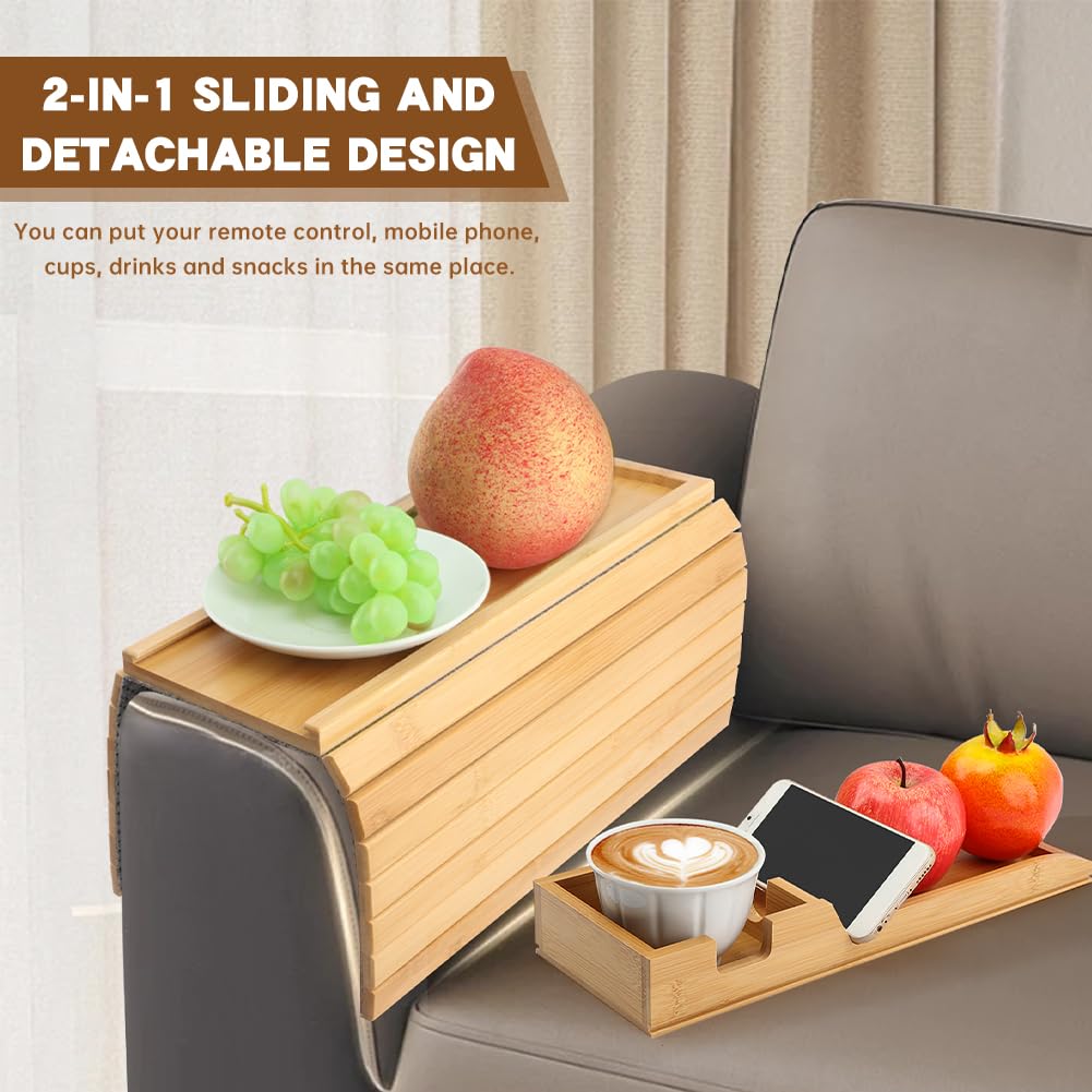 Tharvolex Bamboo Sofa Armrest Tray, 2-in-1 Detachable Couch Cup Holder & Armrest Table with Anti-Slip Pad, Foldable Bamboo Tray for Drinks, Snacks