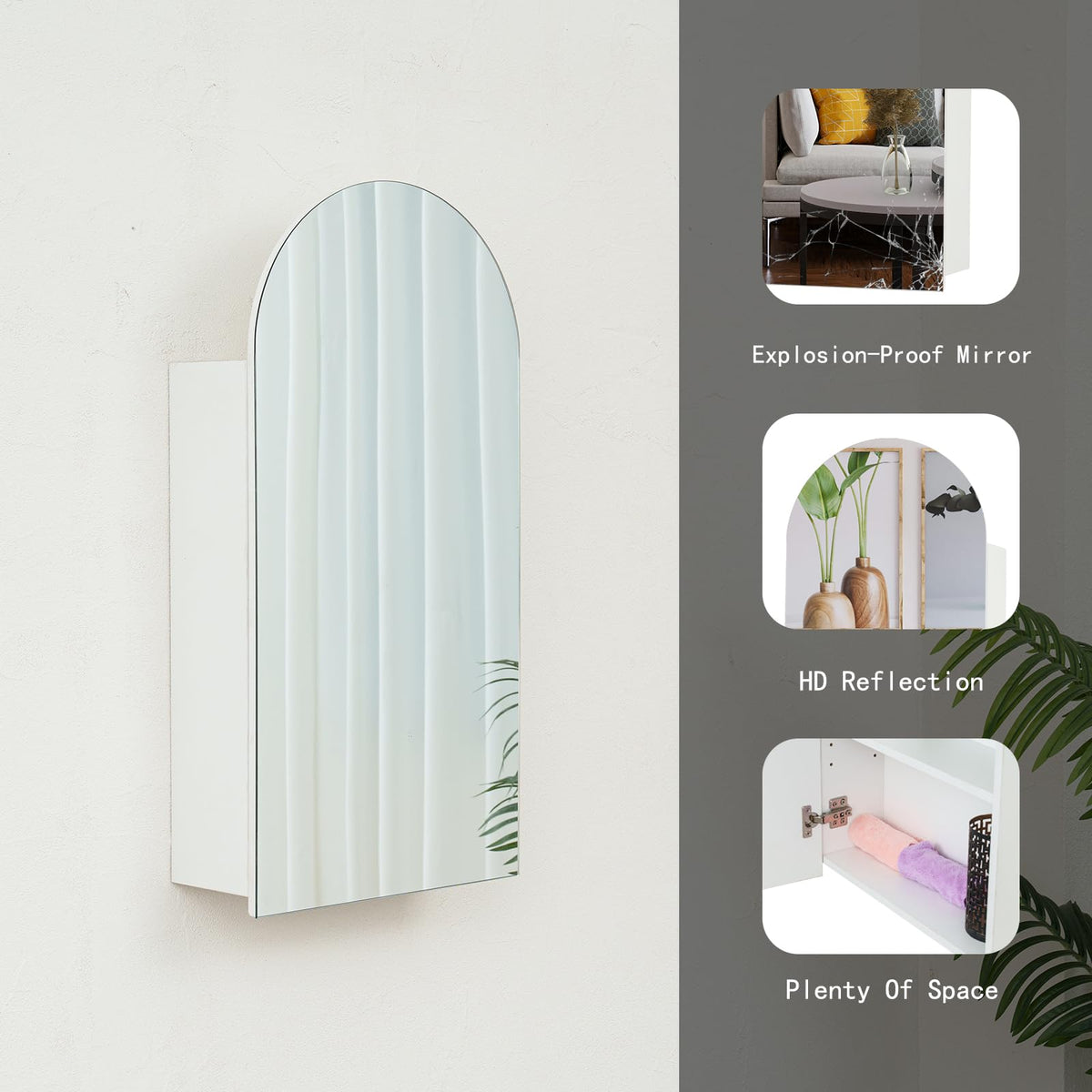 Ymahizax Bathroom Mirror Cabinet, Mirrored Bathroom Storage, Wooden Single Door Wall Mounted Cabinet with HD Arched Mirror, 80x40x15cm