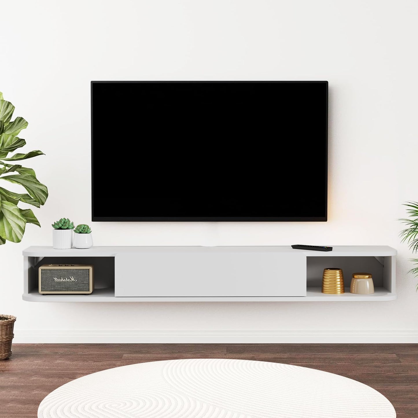Pmnianhua Floating TV Shelf, Wall Mounted TV Cabinet, Floating Shelves with Door, Modern Entertainment Media Console Center Large Storage Under TV