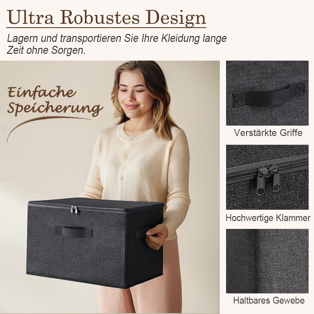 Exquilnova 2PCS Storage Boxes with Lids,Grey Wardrobe Storage Organiser,Foldable Fabric Boxes with Reinforced Handle,Clothes Box with Zips for