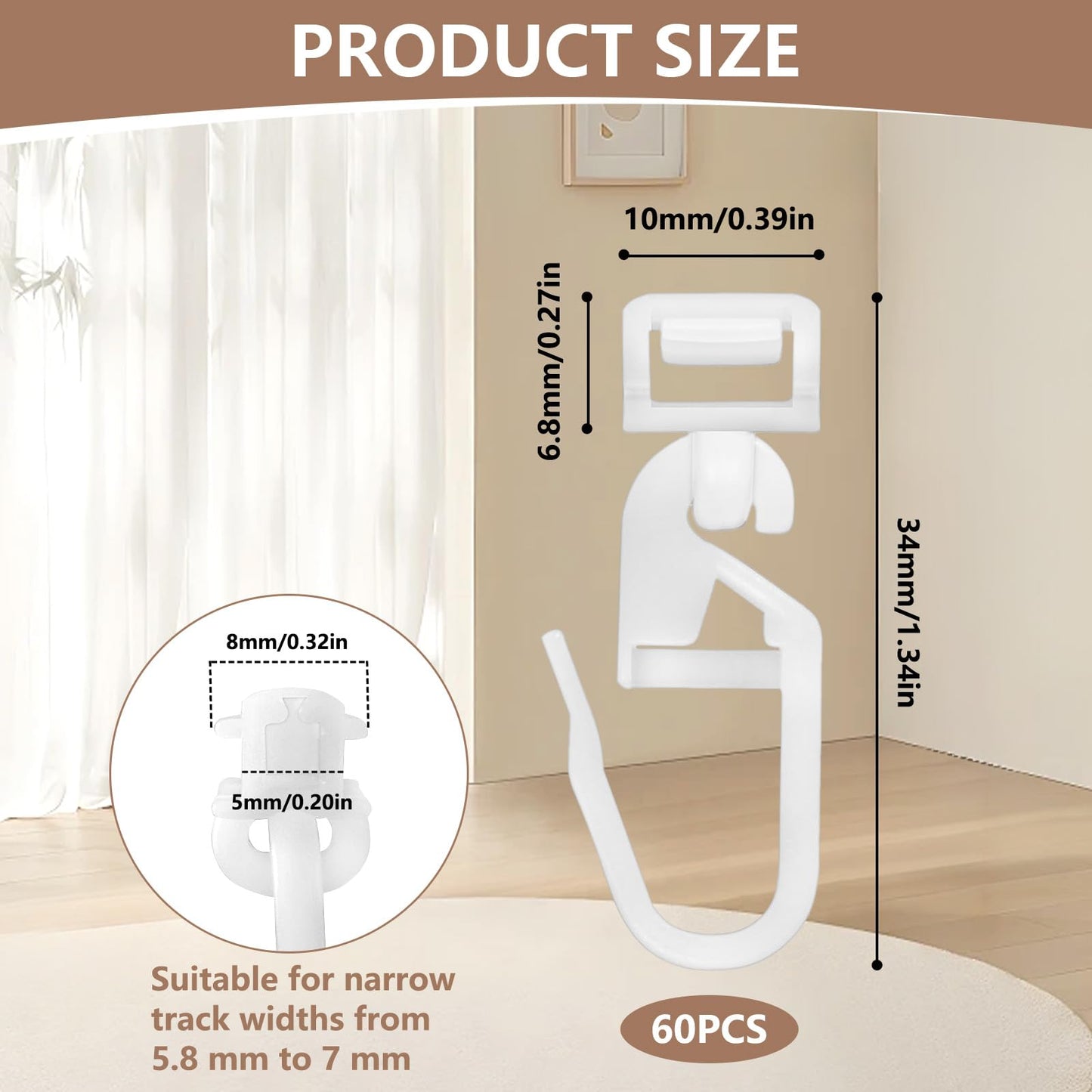 YIMETOP 60Pcs 34mm Curtain Hooks For 5.8-7mm Track, White Plastic Curtain Track Gliders, Shower Gliders