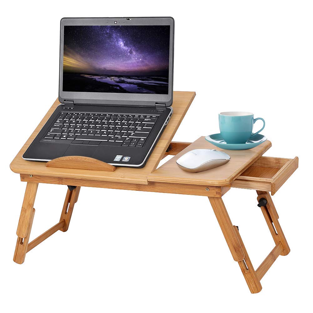 Portable Laptop Tray, Folding Adjustable Laptop Stand Foldable Rack Shelf Dormitory Bed Lap Desk with Hole Cooling Light & Drawer