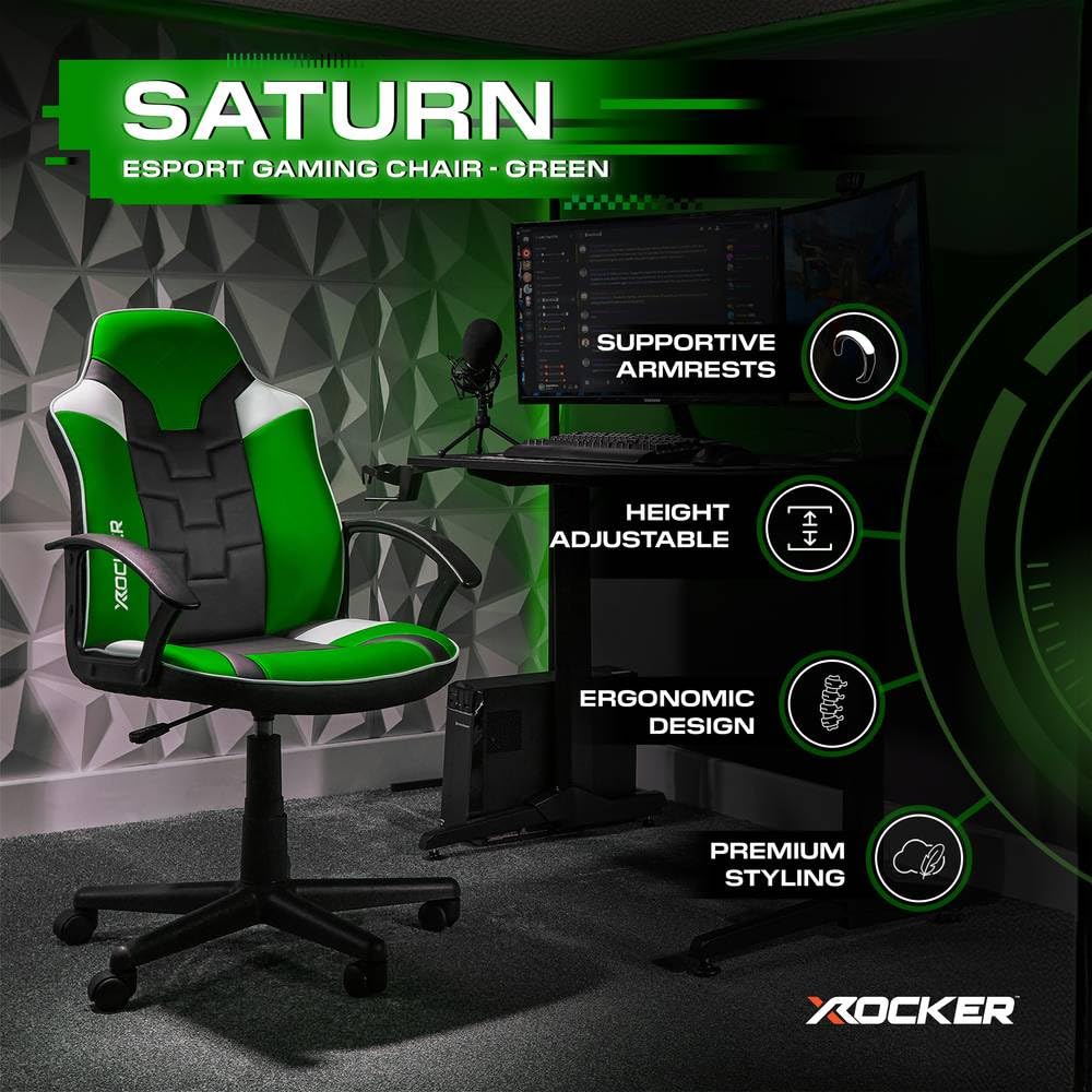 X-Rocker Saturn Mid Back Compact Gaming Chair for Kids & Teens - Ergonomic, Comfortable, Height Adjustable, Wipe-Clean Faux Leather - Black/Green