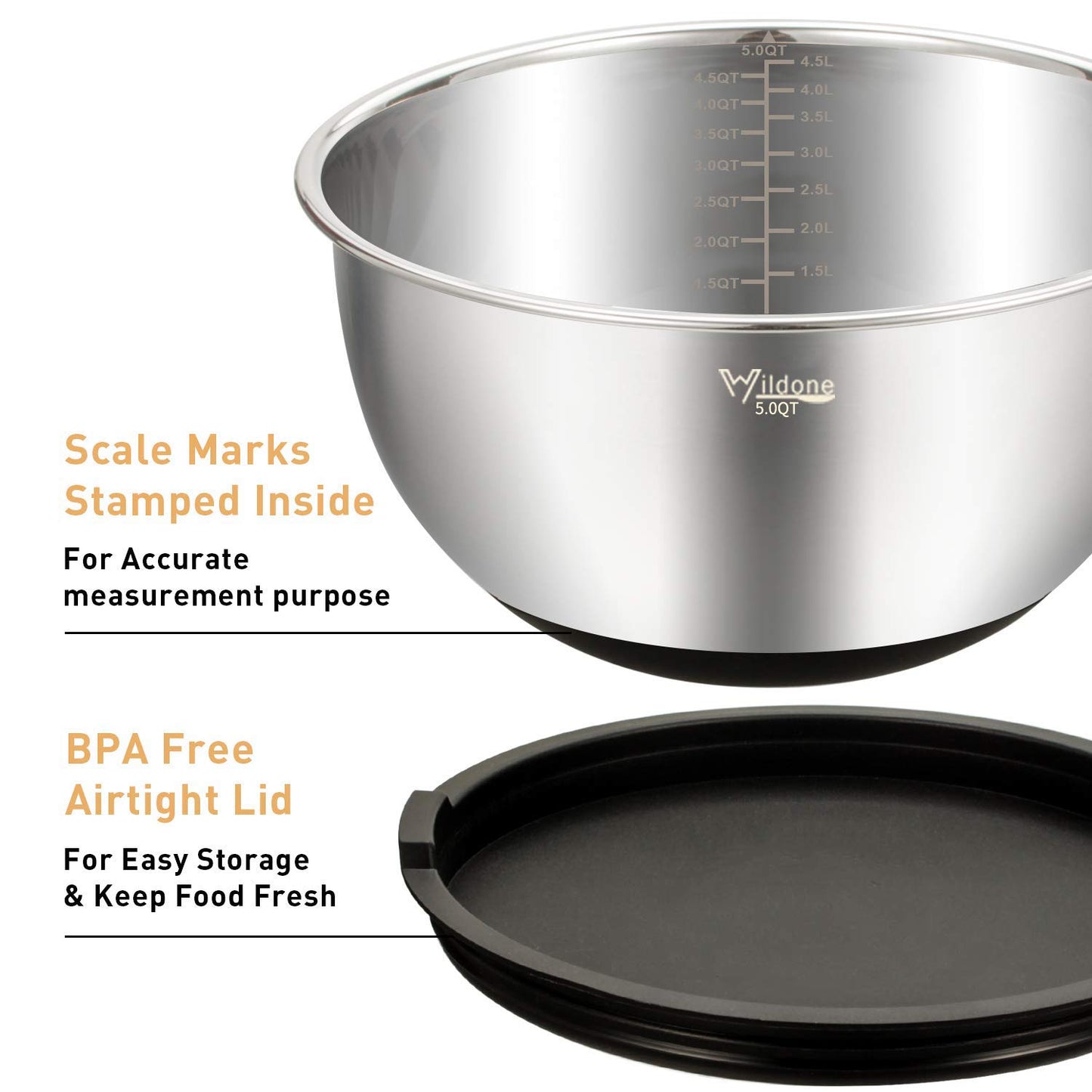 Wildone Mixing Bowls Set of 5, Stainless Steel Nesting Bowls with Airtight Lids, 3 Grater Attachments, Measurement Marks & Non-Slip Bottoms, Size 5,