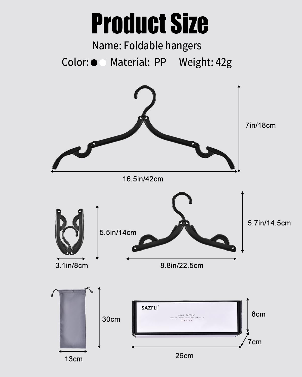 Sazfli 10-Pack Foldable Travel Hangers with Gift Box – Thickened ABS & Aluminum Clips, Non-Slip Design for Delicate Clothes, Compact 5.5x3 Inch