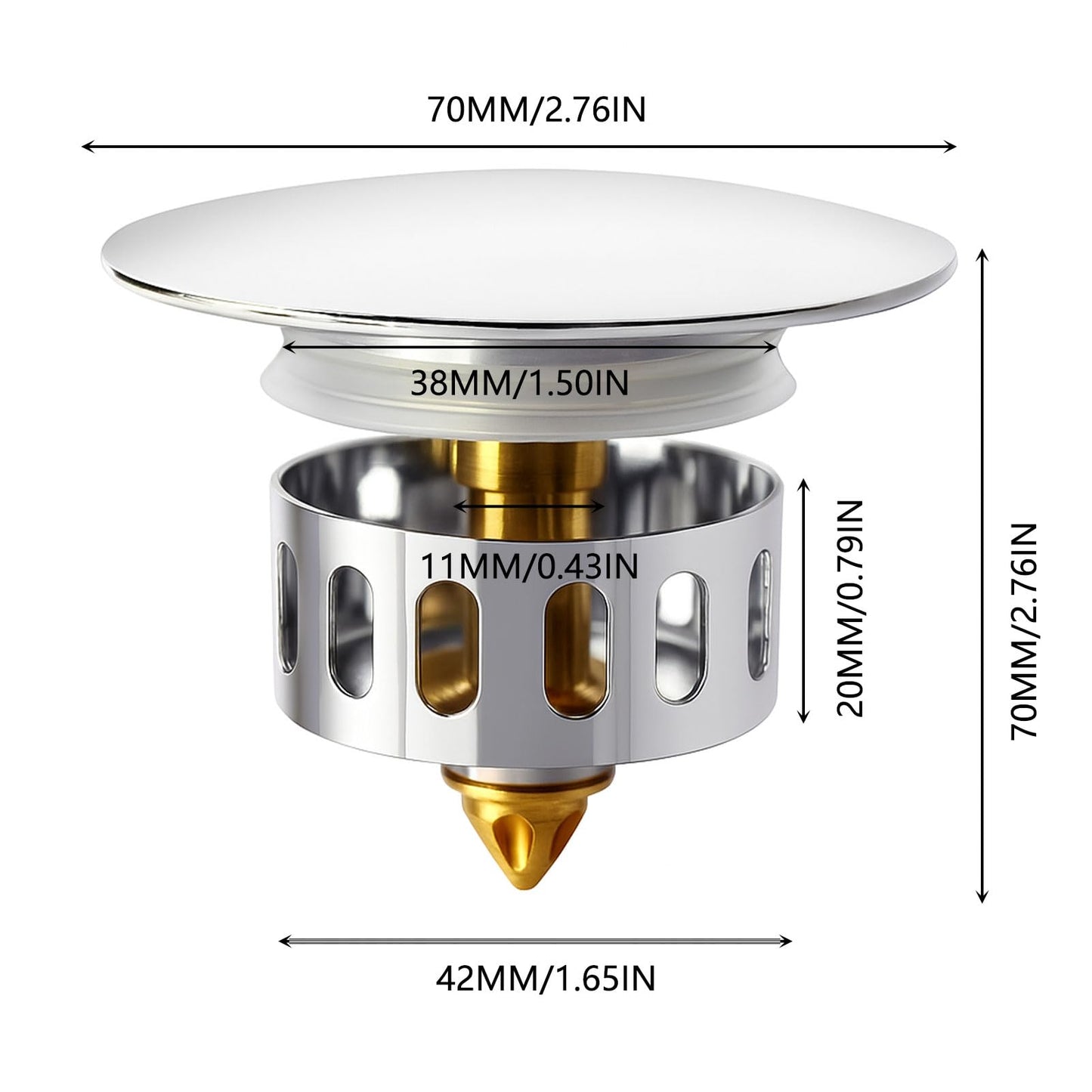 Universal Bathtub Stopper and Tub Drain Hair Catcher, Pop-Up Plug, Chrome Zinc Alloy Anti-Clogging Bathroom Kitchen Sink Drain Stopper with Silicone