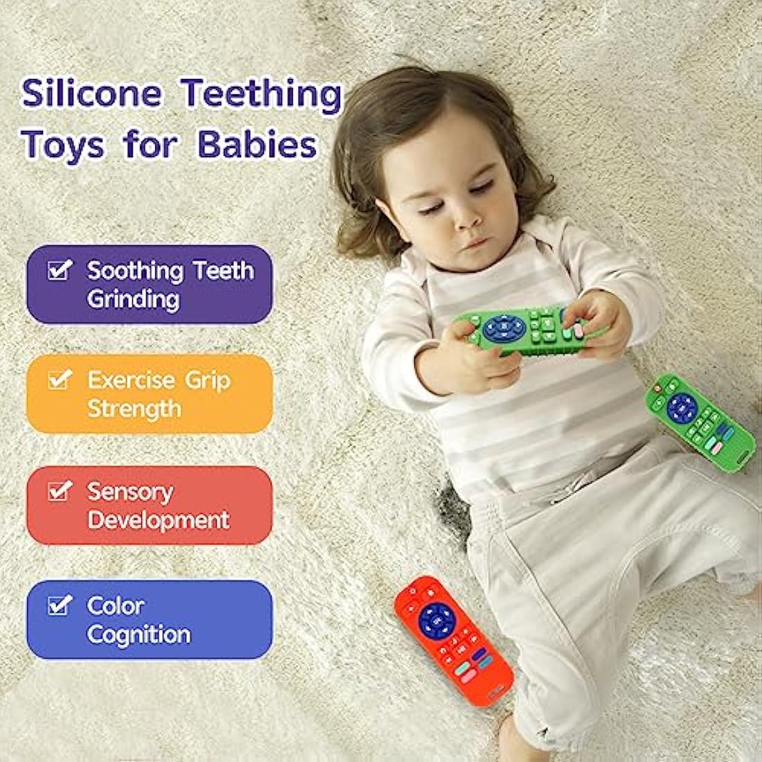 Hooku 2 Pack Silicone Teething Toys for Babies 0-6 Months, Teethers 6-12, Remote Teether Baby, Sensory, Chew, Toddler Infant Newborn Gifts, Green-Orange