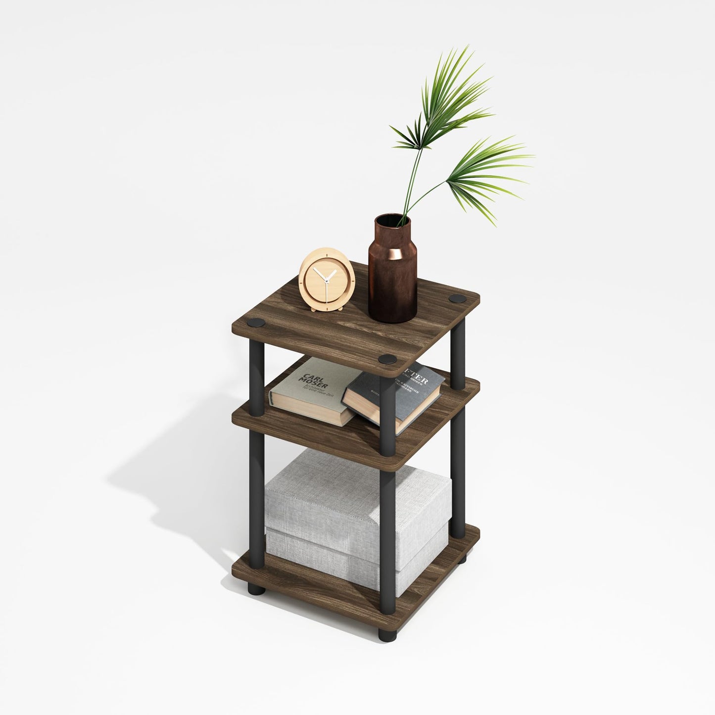 Furinno TURN-N-TUBE Side Table, 3-Tier End Table with Open Shelf, Night Stand, Bedside Table, Easy Assembly, for Living Room, Bedroom, Brown Walnut