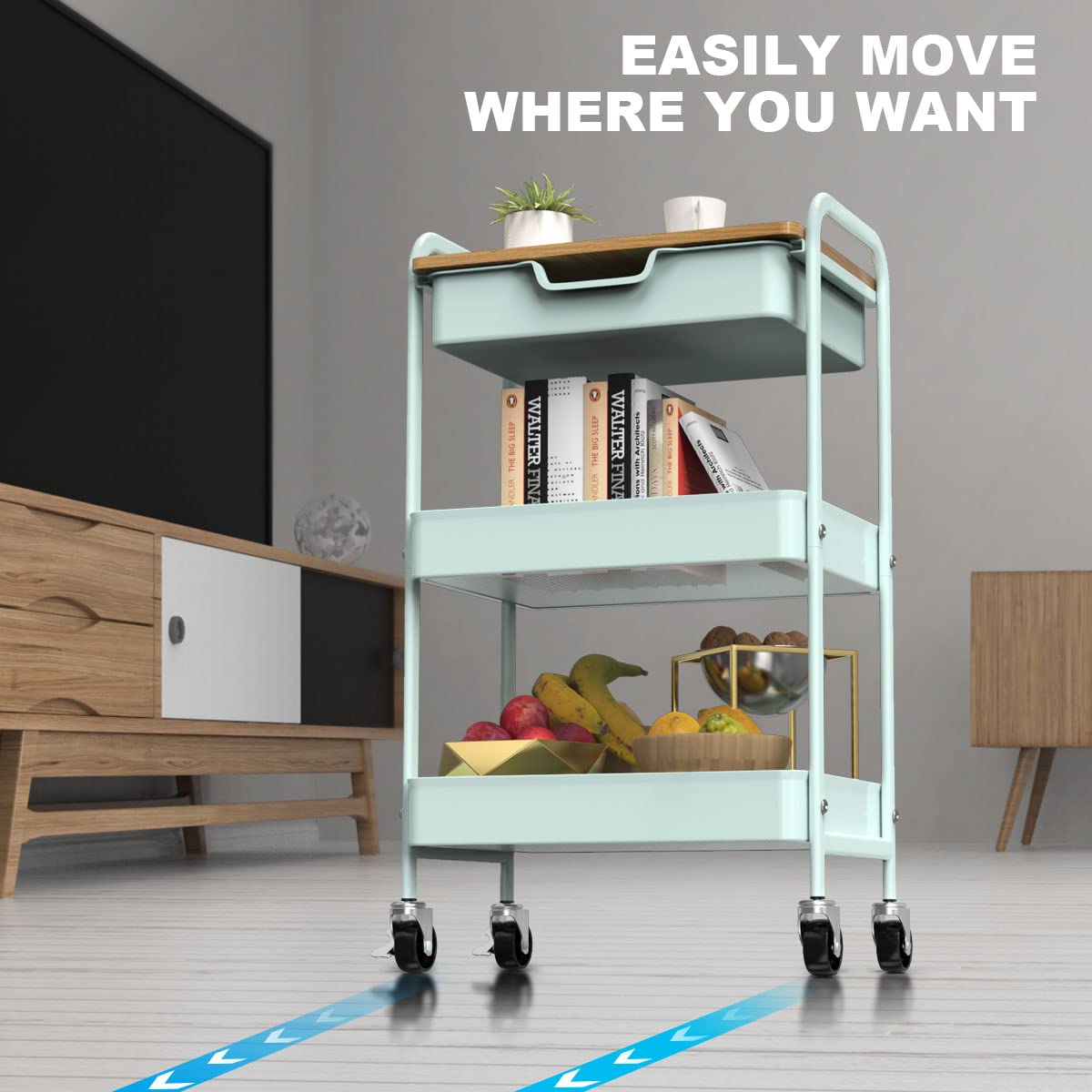 Shrivee 3-Tier Storage Trolley on Wheels and Drawer, All-Purpose Metal Uses Trolley for Office Salon Kitchen Bathroom Office(Green)