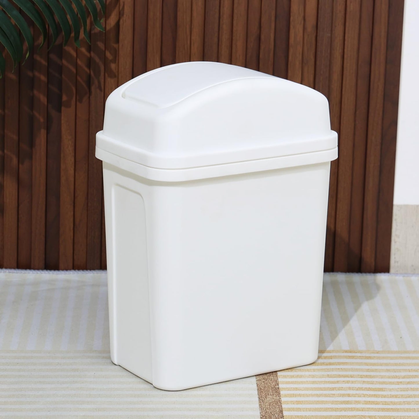 Ikando 7 L Small Swing Top Garbage Can, Plastic Bathroom Trash Can with Lid, White