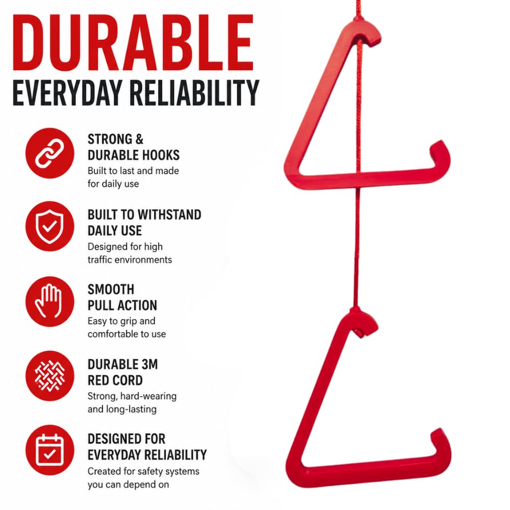 315 Supplies Red Triangle Emergency Alarm Pull Cord for Accessible Bathrooms Disabled Toilet - 2 Hook Set, 3m Cord Length Easy-Fit Adjustable Cord