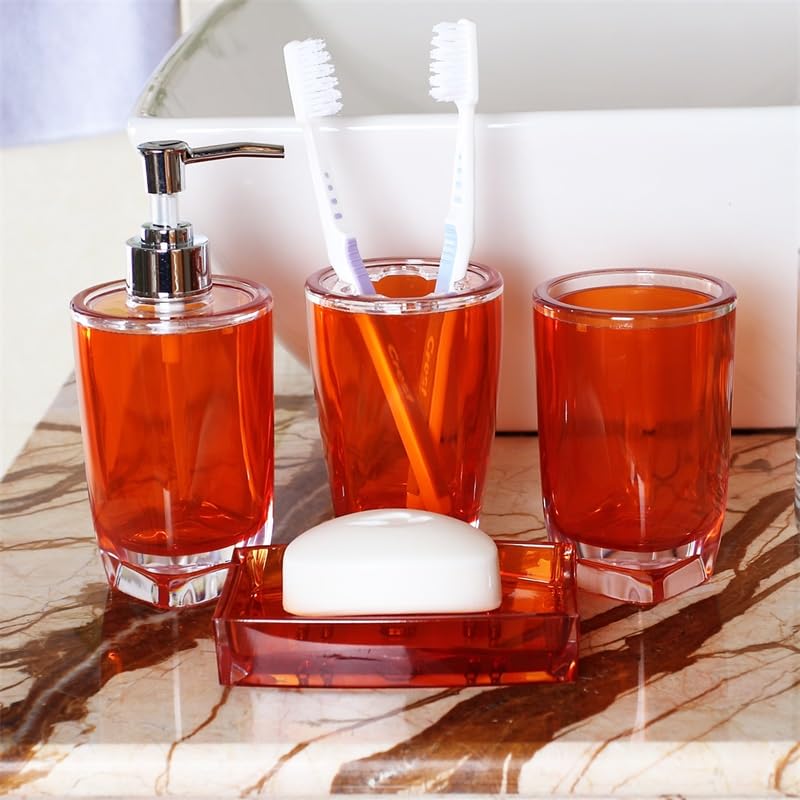 Fingey Modern Design 4 Piece Bathroom Accessory Set, Soap Dish, Tooth Brush Holder, Soap Dispenser, Rinse Cup (Orange)